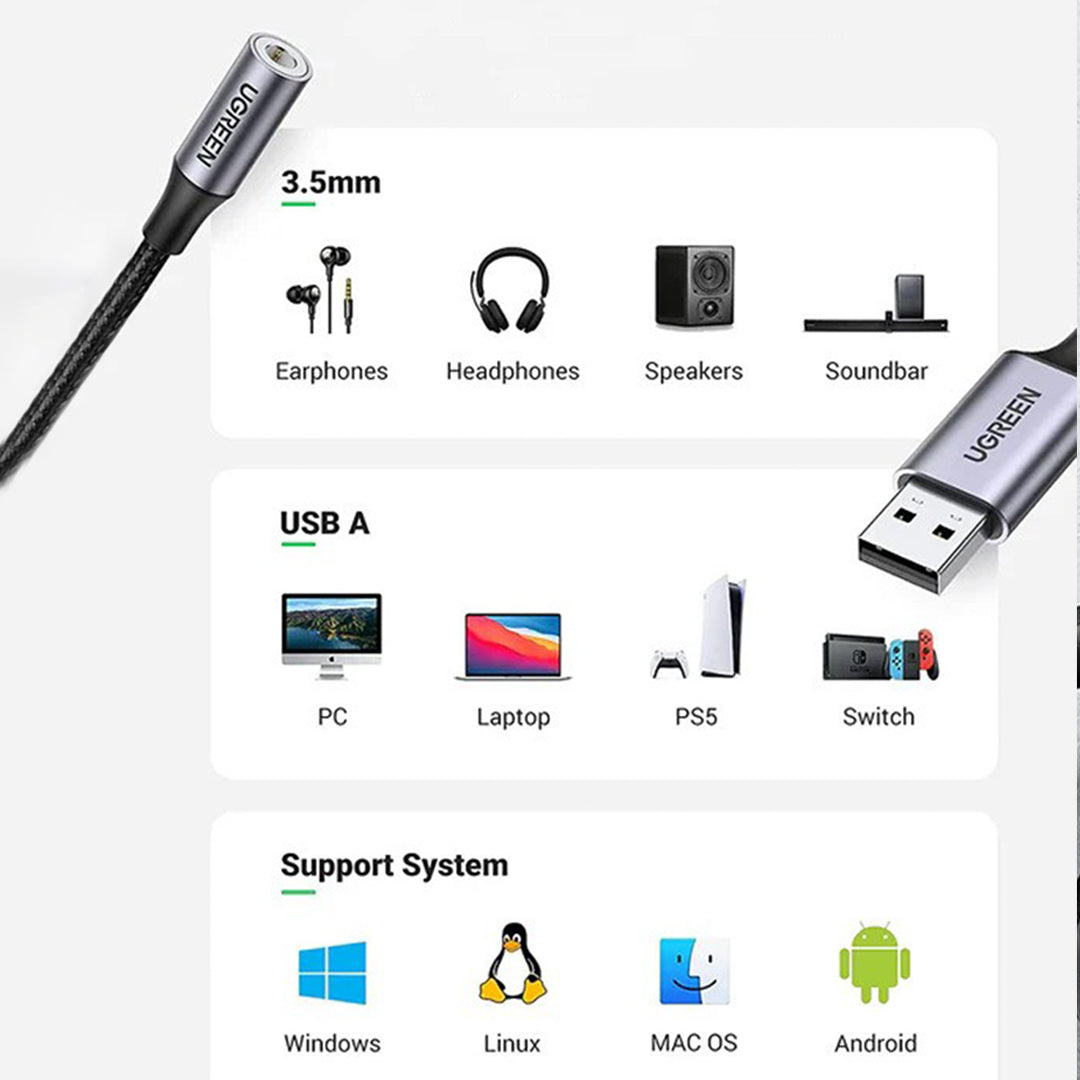Adaptor Kabell USB-A 2.0 ne 3.5mm Audio Ugreen 25cm